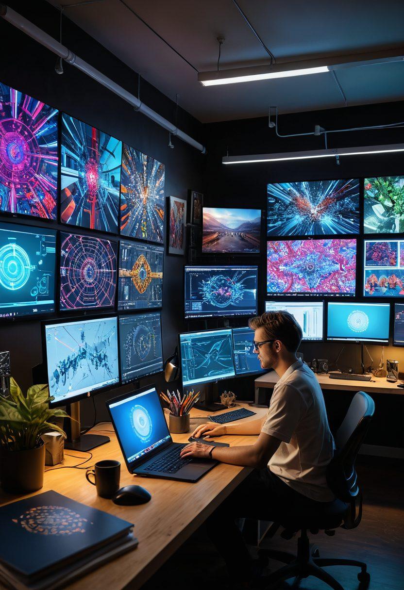 A digital artist surrounded by computer screens, depicting vibrant adult content creations while analyzing charts showing risk assessment and protection strategies. The backdrop features a shield symbolizing safety and security. Include diverse artists collaborating with their unique styles in a lively workspace. super-realistic. vibrant colors. 3D.