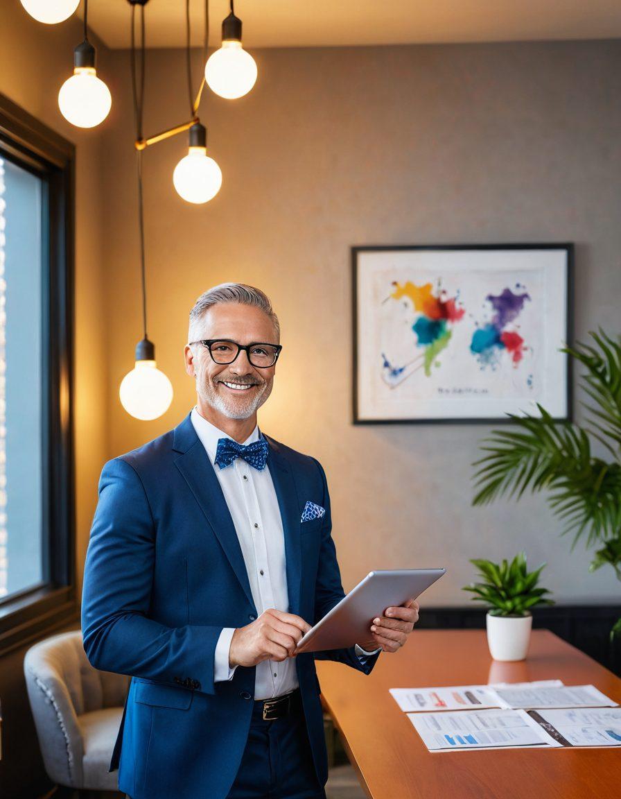 A dynamic scene illustrating a confident adult entertainer standing with a tablet, analyzing smart insurance solutions in a vibrantly lit, upscale studio environment. Surrounding the entertainer are symbols of empowerment like a glowing light bulb and contract papers, radiating innovation and success. The background features stylish decor that reflects the adult entertainment industry, blending elegance and professionalism. Focus on colors that evoke positivity and empowerment. super-realistic. vibrant colors. sophisticated atmosphere.